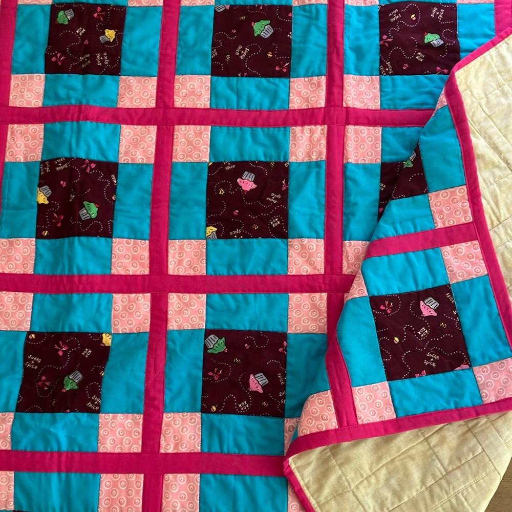 Pink and Blue Geometric Quilt (Homemade) 56” x  46.5”
